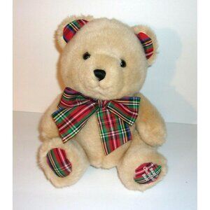 First Impressions Baby's Christmas Bear Tan Plaid Ribbon Bow Plush Rattle 9"